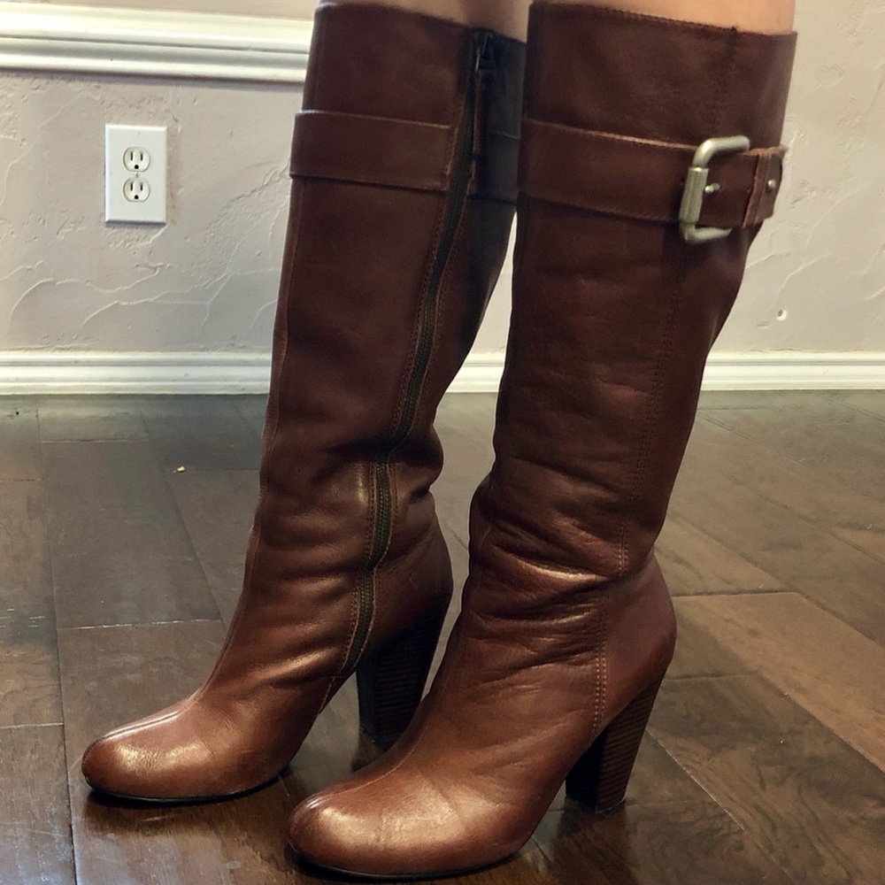 Fossil tall cognac brown all leather buckled boots